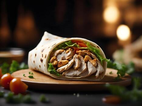 tortilla envolver con pollo y vegetales en oscuro antecedentes. generativo ai foto
