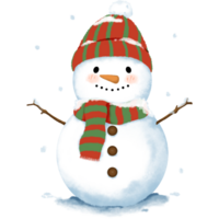 Snowman with knitted red green stripy hat and scarf standing in snow. Happy Snowman illustration. Christmas decoration. png