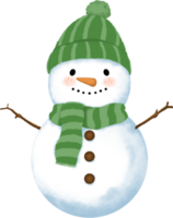 Snowman with knitted green hat and scarf. Happy Snowman illustration. Christmas decoration. png