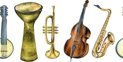 Watercolor drawn musical instruments isolated on white background. Seamless border for a music project. Hand drawn saxophone, double bass, trumpet, drums, and banjo. Design element for print vector