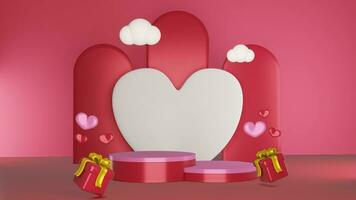 Valentinstag Tag Verkauf Luxus rot Podium mit Herz und Geschenk Box Rosa Hintergrund 3d Illustration leeren Anzeige Szene video