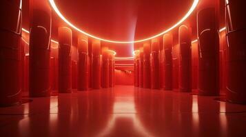 AI generated Empty red futuristic tunnel. Technology Design. photo
