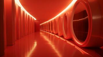 AI generated Empty red futuristic tunnel. Technology Design. photo