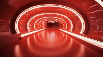 AI generated Empty red futuristic tunnel. Technology Design. photo