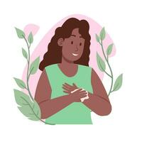 negro mujer frotar loción crema protector solar a mano para piel sensible tratamiento belleza dermatología ilustración hojas decoración vector