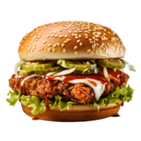 Krispig kyckling glädje, burger salighet med färsk grönsaker, ai genererad png