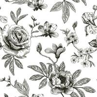 Abstract modern floral seamless pattern with hand drawn flower in Toile de jouy style. Retro elegance repeat print. Vintage design for fabric, wallpaper or wrapping vector