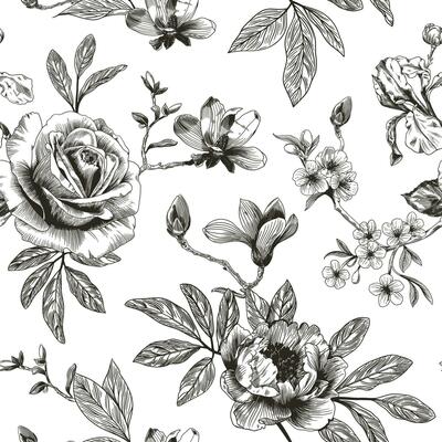 Abstract modern floral seamless pattern with hand drawn flower in Toile de jouy style. Retro elegance repeat print. Vintage design for fabric, wallpaper or wrapping