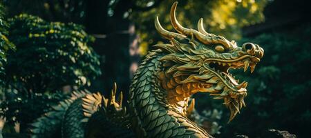 AI Generated Ancient statue of a Green Dragon in an old Chinese garden photo