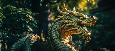 AI Generated Ancient statue of a Green Dragon in an old Chinese garden photo