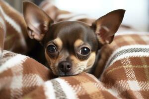 AI Generated Chihuahua with dark brown eyes, tan and black fur, resting on a cozy checked plaid photo
