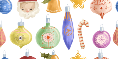 Christmas background with christmas tree toys and bells. Endless design. Seamless pattern png