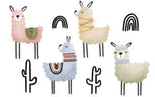 childish clipart with cartoon alpaca and llama. Collection with wild animals png