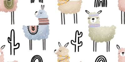 Seamless pattern with llamas, cactus and rainbow. Cute childish endless background. Cartoon alpaca png