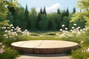 Wooden Podium in Spring Meadow. AI Generative photo