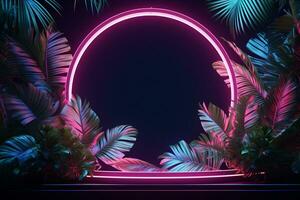 Tropical Palm Leaves with Glowing Neon Frame Mockup. AI Generative photo