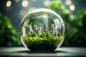 ciudad jardín en redondo vaso cubrir. salvar el planeta y energía concepto. ai generativo foto
