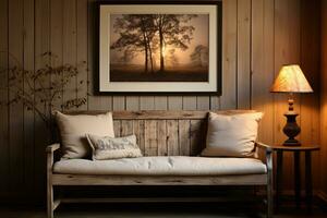 Wooden Bench in Modern Living Room with Table Lamp and White Light. AI Generative photo