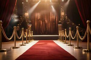 Red Carpet Hollywood Stage, Golden Awards Backdrop. AI Generative photo