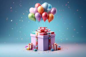 3D Gift Box with Balloons Gradient Background. AI Generative photo