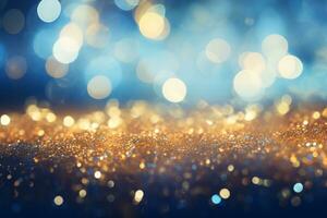 Abstract Bokeh Blue Background with Golden Glitter Lights. AI Generative photo