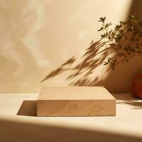 Shelf with Autumn Leaves on a Beige Podium. AI Generative photo