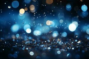 Abstract Bokeh Blue Background with Golden Glitter Lights. AI Generative photo