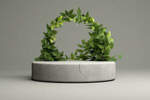 3D White Podium Stand with Plants. AI Generative photo