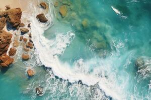 parte superior ver de tropical playa olas en turquesa agua. ai generativo foto