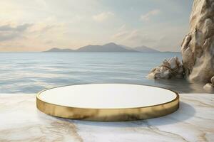 3D White Marble and Gold Cylinder Podium on White Marble Floor with River and Mountain Background. Generative AI. AI Generative photo