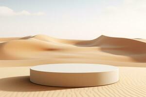 3D Realistic Podium on Desert Sand Beach Background. AI Generative photo