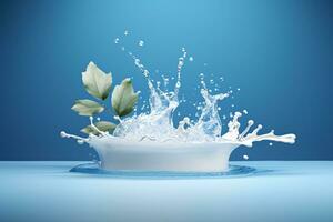 3D White Podium with Water Splash and Leaves on Blue Background. AI Generative photo