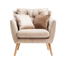 accogliente beige poltrona nel scandinavo stile con di legno gambe e cuscini, Perfetto per moderno vivente spazio. sala sedia su trasparente sfondo. tagliare su arredamento. davanti Visualizza. png. ai generato png