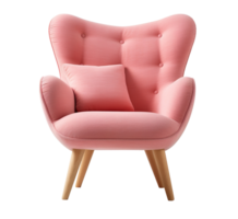 Stylish Scandinavian-style armchair with plush, pink upholstery, wooden legs, perfect for modern home interior. Lounge chair on transparent background. Cut out furniture. Front view. PNG. AI Generated png