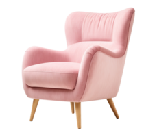 Stylish Scandinavian-style armchair with plush, pink upholstery, wooden legs, perfect for modern home interior. Lounge chair on transparent background. Cut out furniture. Side view. PNG. AI Generated png