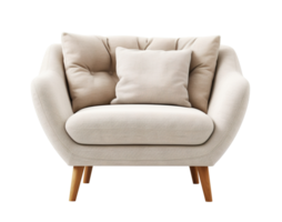 knus beige fauteuil in Scandinavisch stijl met houten poten en kussens, perfect voor modern leven ruimte. lounge stoel Aan transparant achtergrond. besnoeiing uit meubilair. voorkant visie. png. ai gegenereerd png