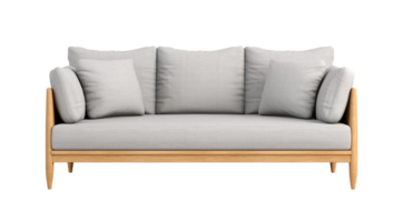 Chic Scandinavian-style sofa in light gray with clean lines and cushions, set on natural wood legs. Couch on transparent background. Cut out furniture. Front view. PNG. AI generated png