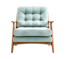 Sleek, Scandinavian-designed armchair with soft teal fabric and button detailing, supported by oak frame. Lounge chair on transparent background. Cut out furniture. Front view. PNG. AI generated png