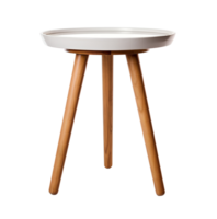 Scandinavian-style round side table with white top and elegantly tapered legs, on transparent background. Coffee table, cut out. Front view. PNG. AI generated png