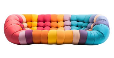 Ultra-modern multicolored tufted sofa with a playful wave design, combining shades of pink, orange, and blue, on transparent background. Front view. Cut out living room furniture. PNG. AI generated png