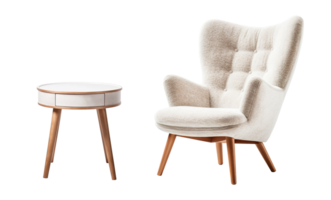 in stile scandinavo interno impostato con un' felpa beige poltrona e un' complementare il giro lato tavolo, tutti e due con elegante di legno gambe, su trasparente sfondo. tagliare su arredamento. png. ai generato png