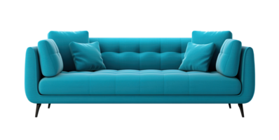 Chic blue sofa with tufted backrest and plush cushions, stylishly perched on slender wooden legs, on transparent background. Cut out furniture. Front view. PNG. AI generated png