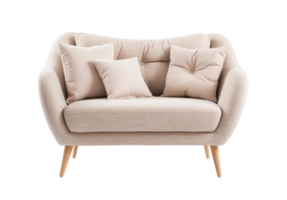 Small, chic Scandinavian-style sofa in beige with clean lines and cushions, set on natural wood legs. Couch on transparent background. Cut out furniture. Front view. PNG. AI generated png