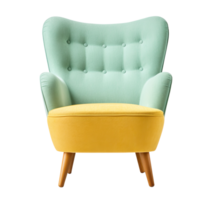 levendig, modern fauteuil met munt groen bekleding en mosterd geel stoel, reeks Aan taps toelopend houten poten. lounge stoel Aan transparant achtergrond. besnoeiing uit meubilair. voorkant visie. png. ai gegenereerd png