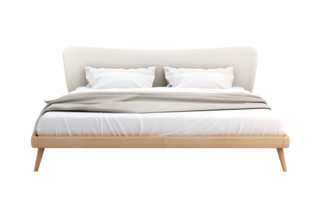 Modern Scandinavian-style bed with headboard and natural wood base, complete with white bedding and beige throw. Double bed on transparent background. Cut out furniture. Front view. PNG. AI generated png