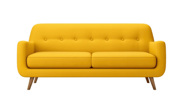 vivido giallo divano con un' minimalista disegno, con capitonné schienale e angolata di legno gambe, davanti Visualizza su trasparente sfondo. tagliare su arredamento. davanti Visualizza. png. ai generato png