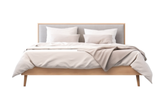 Modern bed with a fabric headboard and wooden frame, adorned with soft white bedding and a textured beige throw. Double bed on transparent background. Cut out furniture. Front view. PNG. AI generated png