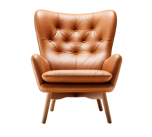 élégant milieu du siècle moderne salon chaise avec une huppé marron cuir siège et évasé en bois jambes, idéal pour sophistiqué intérieurs. fauteuil sur transparent Contexte. de face voir. png. ai généré png