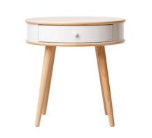 Modern Scandinavian-style side table with a white drawer, featuring natural wood legs and a round top, on transparent background. Coffee table, cut out. Front view. PNG. AI generated png