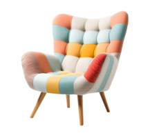 Playful patchwork armchair in pastel hues with tufted buttons and sturdy wooden legs, statement piece for any modern living space. Lounge chair on transparent background. Side view. PNG. AI generated png